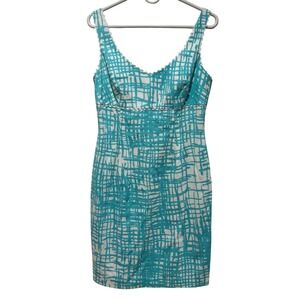 Etcetera Blue White Abstract Print Scalloped Trim Cotton Mini Sheath Dress 10